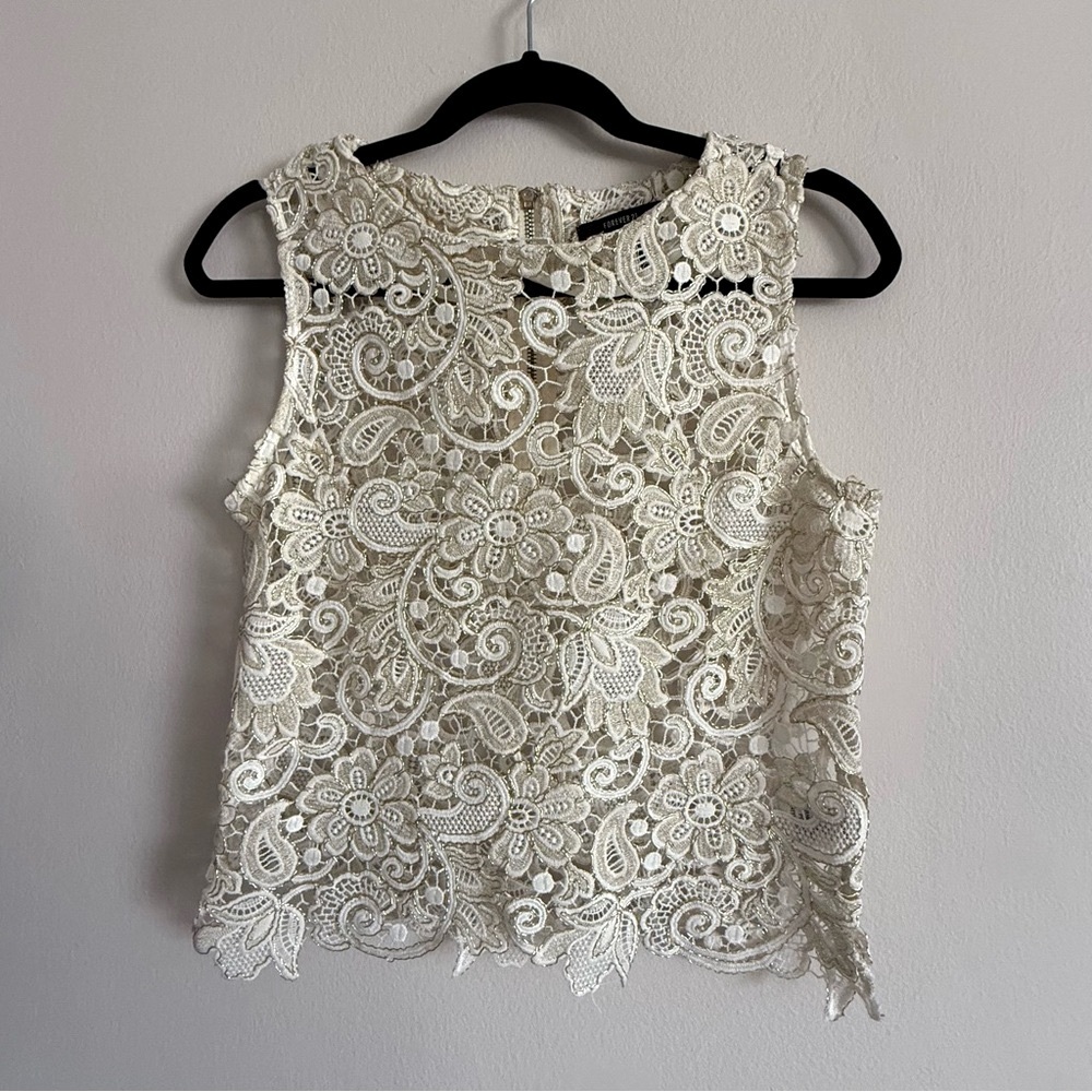 🛍️ 4/$25 Forever 21 Cream and Gold Crochet Lace Blouse